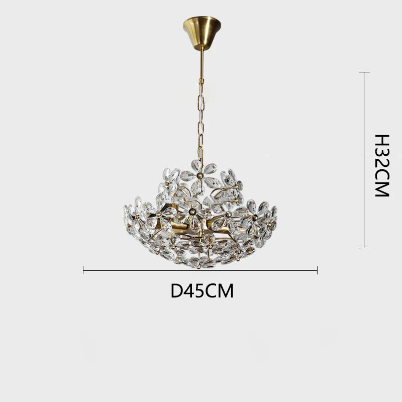 Maison Ornate French crystal glass flower LED chandelier with gold chain and floral accents, D45CM x H32CM.