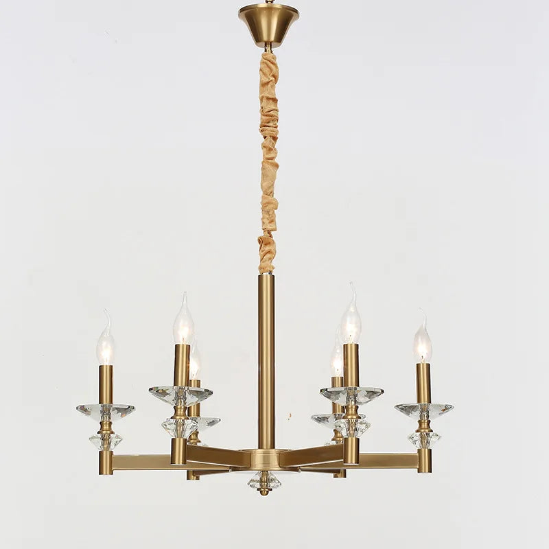 Maison Ornate Retro chandelier with six candle bulbs, crystal accents, gold finish, fabric-wrapped rod.