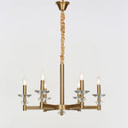 Maison Ornate Retro chandelier with six candle bulbs, crystal accents, gold finish, fabric-wrapped rod.