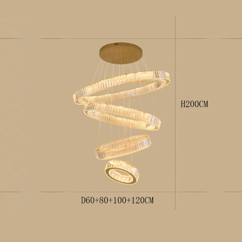 Modern crystal chandelier with four dimmable rings and round mount, warm LED lighting, 200cm height.