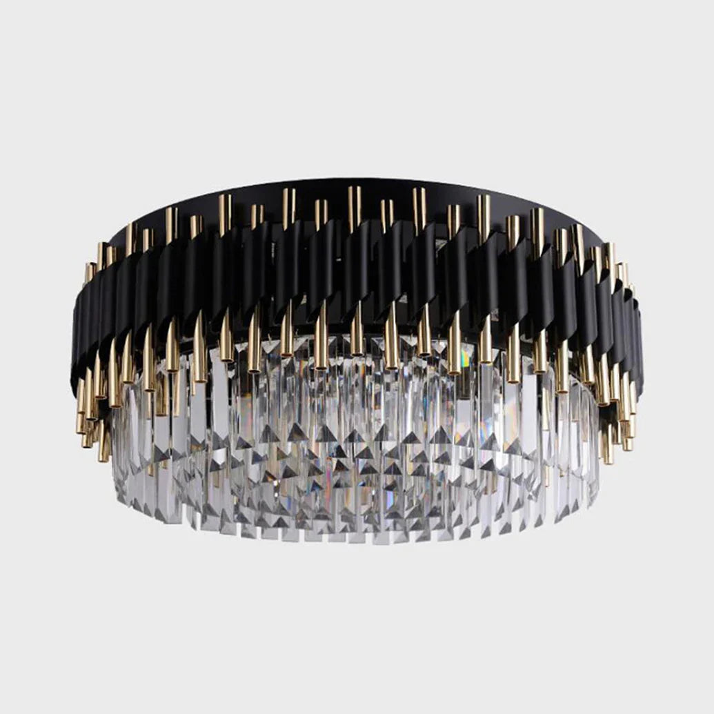 Luxurious circular chandelier with black and gold accents and clear crystal prisms for elegance.