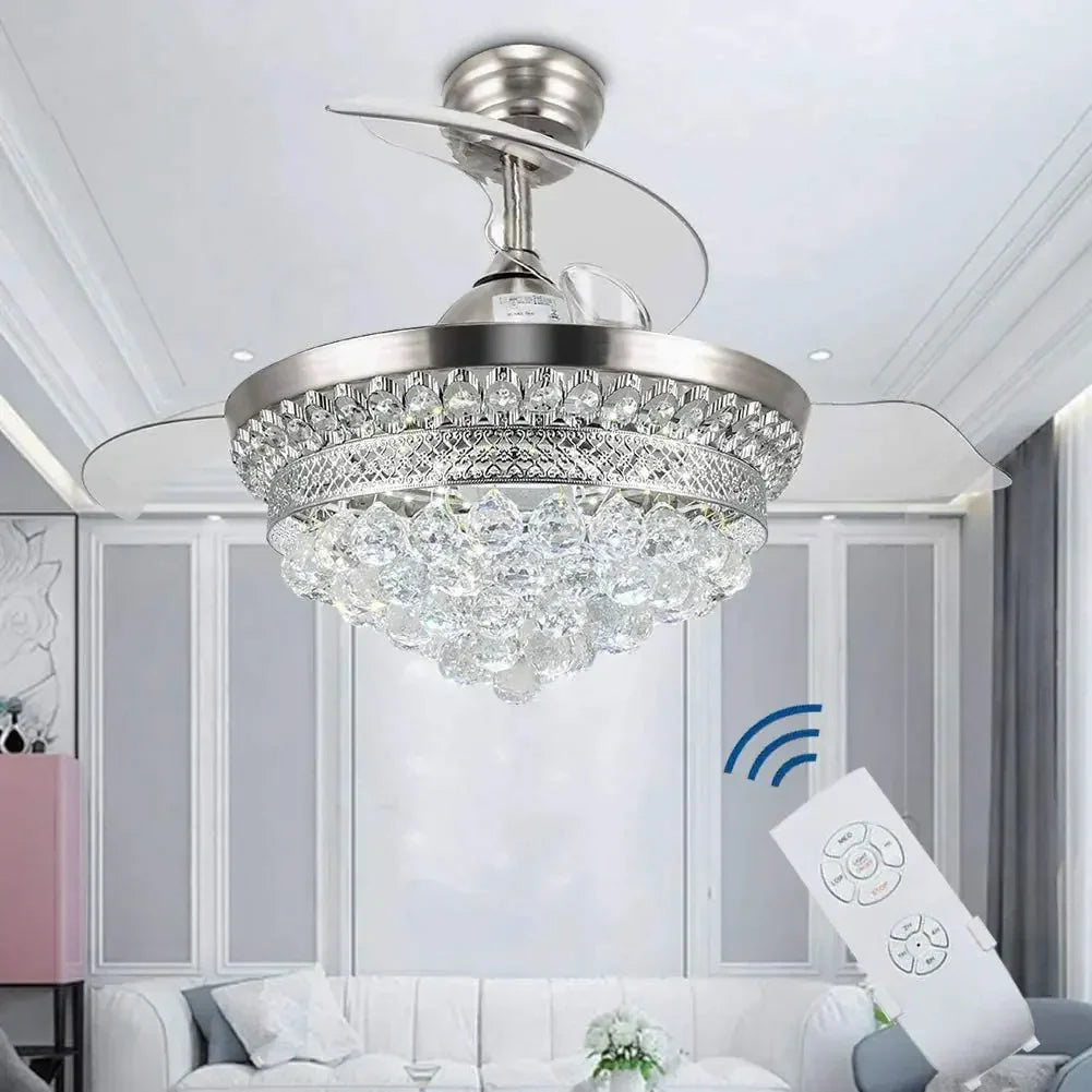 Maison Ornate Crystal Bedroom Chandelier with integrated LED fan, retractable clear blades, sparkling crystals.