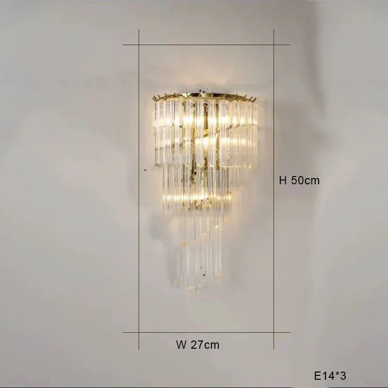 Ornate modern LED crystal chandelier with cascading glass rods, gold accents, and three E14 bulbs.