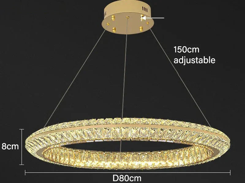 Modern circular crystal LED chandelier with gold accents, three adjustable wires, 80cm diameter.