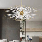 Maison Ornate Large Hanging Crystal Chandelier with gold and white rods, modern luxury decor.