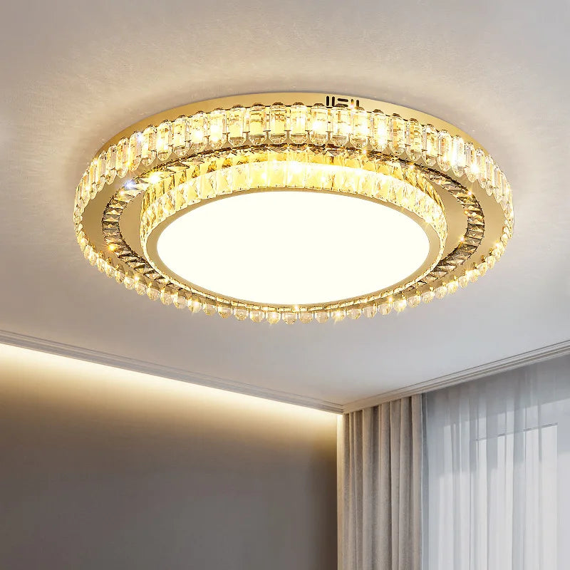 Maison Ornate Round Crystal Glass LED Chandelier with two concentric crystal rings and central light.