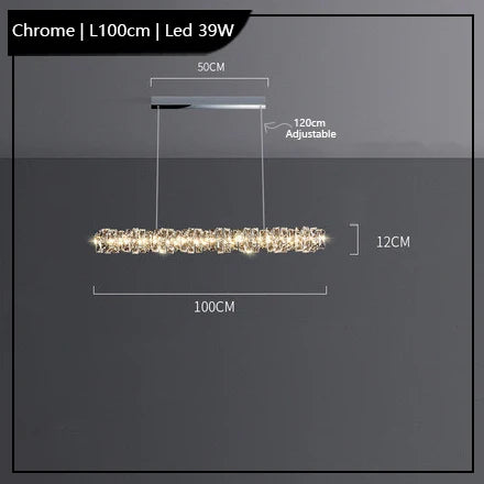Rectangular chrome chandelier with K9 crystals, dual adjustable wires, 39W LEDs, 100cm long.