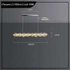 Rectangular chrome chandelier with K9 crystals, dual adjustable wires, 39W LEDs, 100cm long.