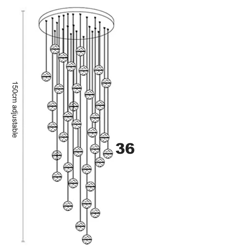 Line drawing of Maison Ornate Crystal Sphere Chandelier with 36 spiral pendant lights, max length 150 cm.