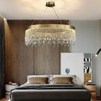Maison Ornate Modern Crystal Chandelier with nickel frame and elegant pendants, contemporary lighting accent.