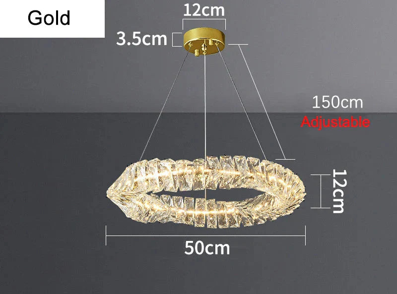 Gold oval Maison Ornate LED chandelier with clear textured rings, adjustable up to 150cm.