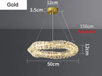 Gold oval Maison Ornate LED chandelier with clear textured rings, adjustable up to 150cm.