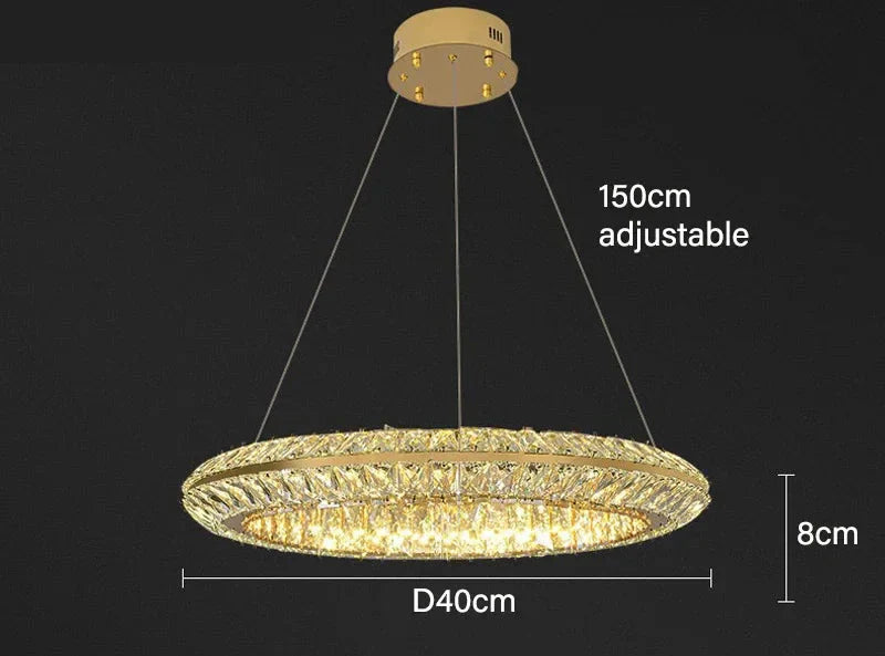 Modern crystal LED chandelier, 40cm circular shape, three adjustable wires, emits warm luxury light.