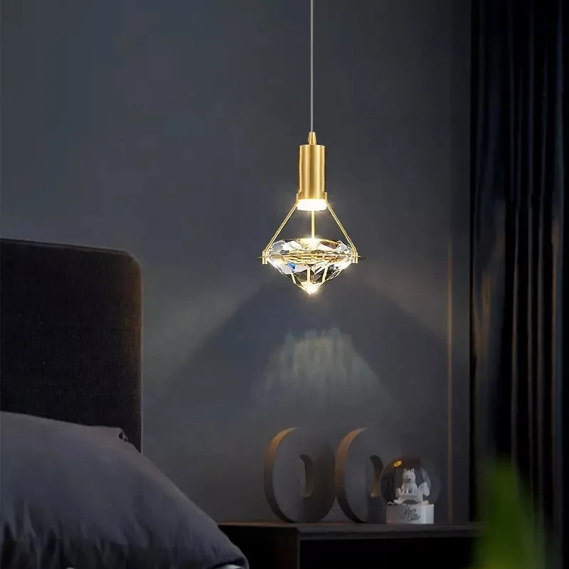 Maison Ornate Modern Nordic Diamond Design Crystal Pendant with geometric crystal shade softly illuminated.