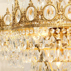 Close-up of Maison Ornate Crystal Ball Chandelier, teardrop crystals reflecting warm, retro-inspired indoor lighting.