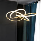 Postmodern crystal chandelier with three interlocking LED rings, elegant and sophisticated design.