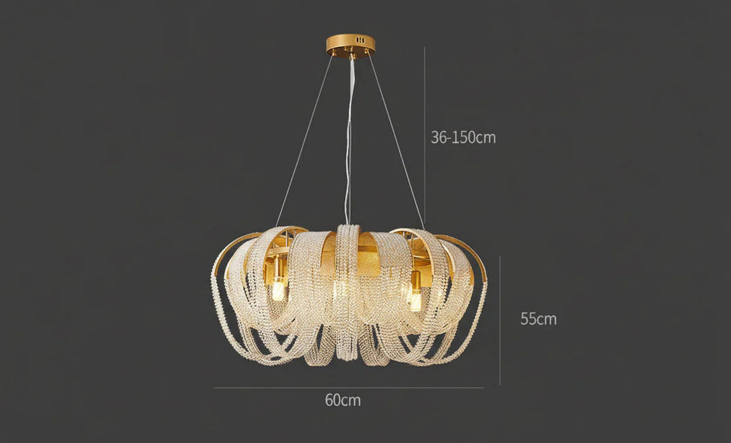 Maison Ornate Modern Nordic Crystal Chandelier with looped strands, gold base, LED tassels, adjustable hanging length.