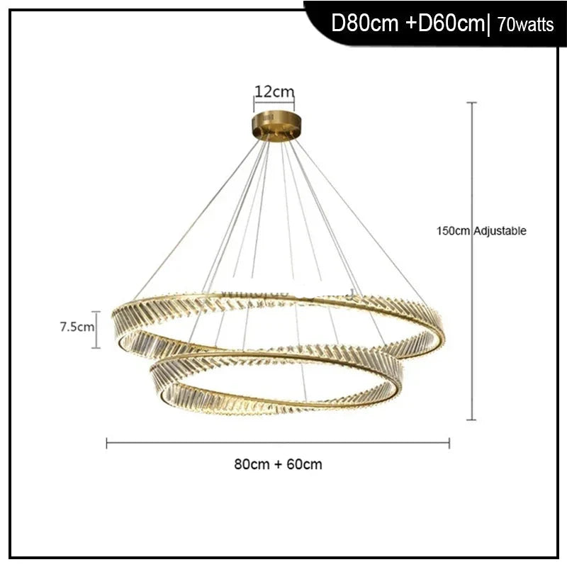 Gold double-ring chandelier with crystal accents, adjustable height, and 70W modern design.