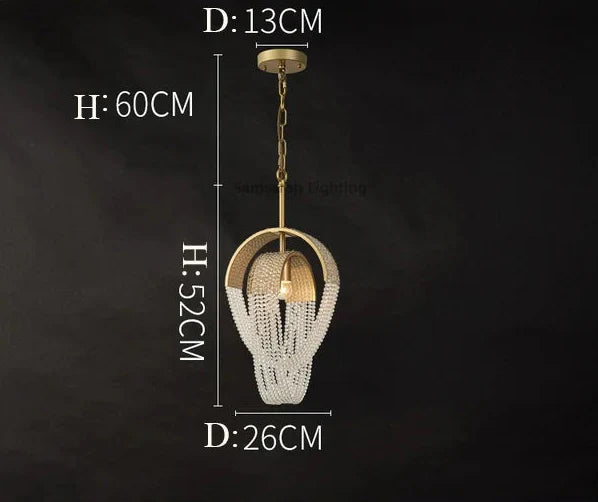 Modern crystal spiral chandelier with gold frame and beaded strands; 60x26cm, ceiling mount diameter 13cm.
