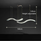 Modern crystal chandelier with stainless steel bands, two wavy LED fixtures, and adjustable 120 cm cords.