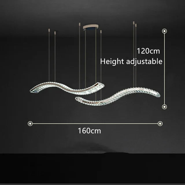 Modern crystal chandelier with stainless steel bands, two wavy LED fixtures, and adjustable 120 cm cords.