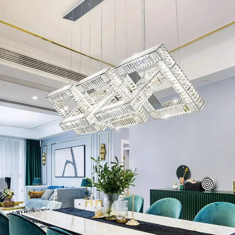 Maison Ornate Gold Crystal Pendant Light in a square design, elegant gold frame, sparkling crystals.
