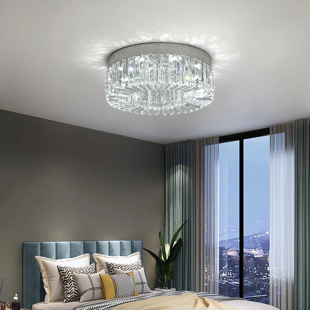 Maison Ornate Modern Gold Crystal Bedroom Chandelier with Integrated LED, sparkling on white ceiling.