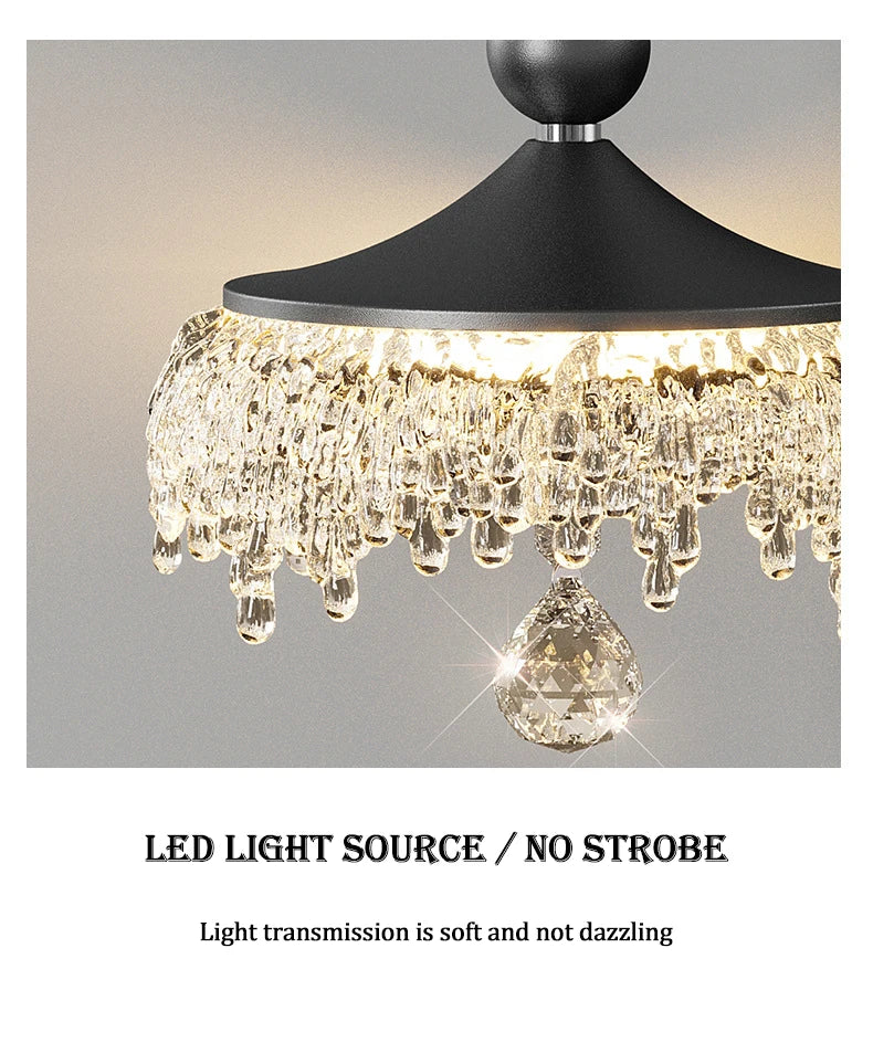 Close-up of Maison Ornate French Medieval Crystal Teardrop Chandelier with prisms and soft LED, no strobe.