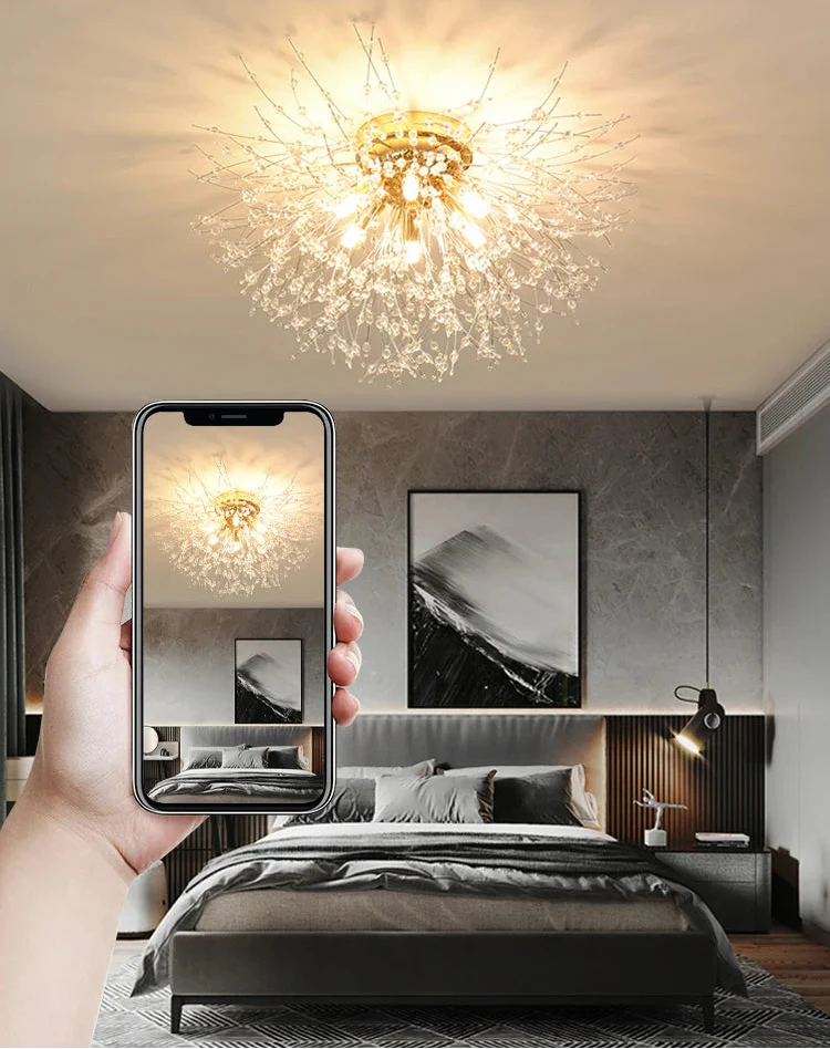 Maison Ornate Modern LED Acrylic White Crystal Pendant Light with geometric design and shimmering accents.