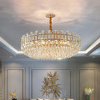 Maison Ornate Modern LED Crystal Chandelier with gold accents, oval shape, and intricate crystal details.
