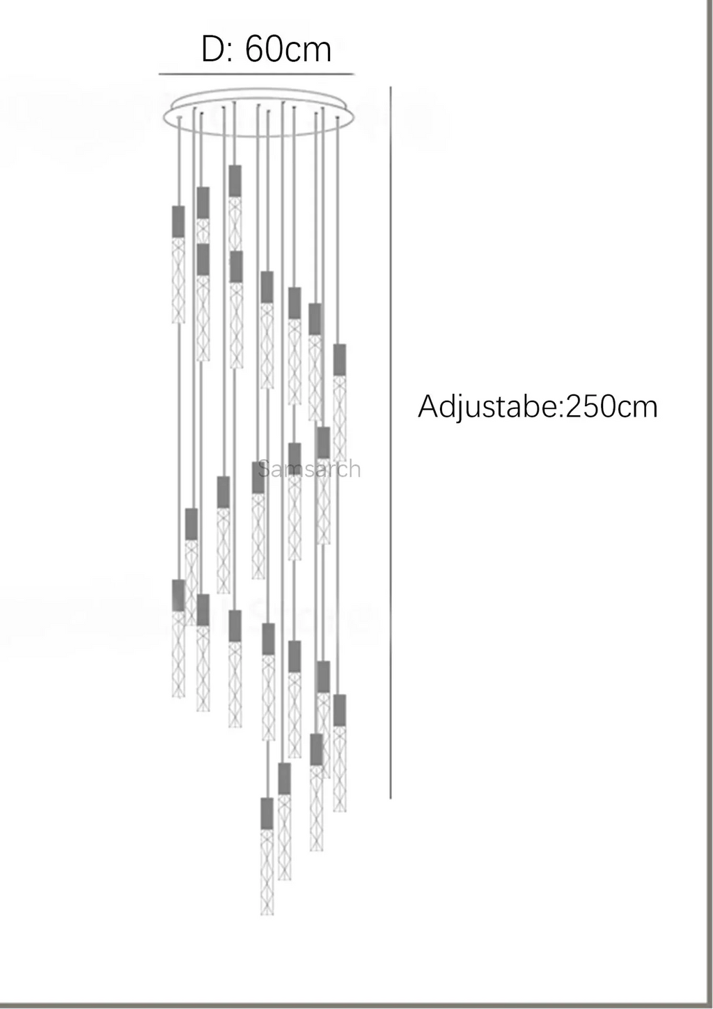 Spiral LED crystal chandelier with gold finish, 24 lights at varied heights, 60cm diameter.