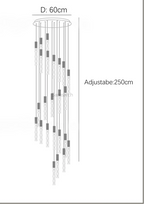 Spiral LED crystal chandelier with gold finish, 24 lights at varied heights, 60cm diameter.