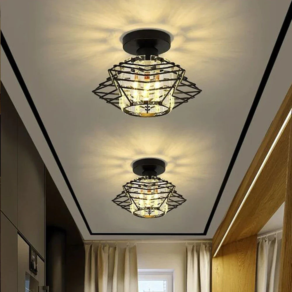 Maison Ornate Crystal Hallway Chandelier with modern industrial design, elegant crystals, warm lighting effect.