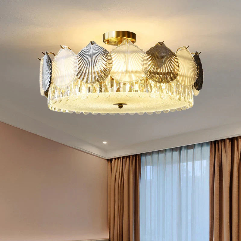 Maison Ornate French Modern Crystal Chandelier with LED lights and glass seashell accents.