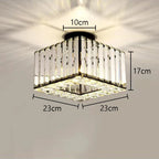 Square crystal glass chandelier with vertical panels on black base, 17 cm height, radiant ceiling pattern.