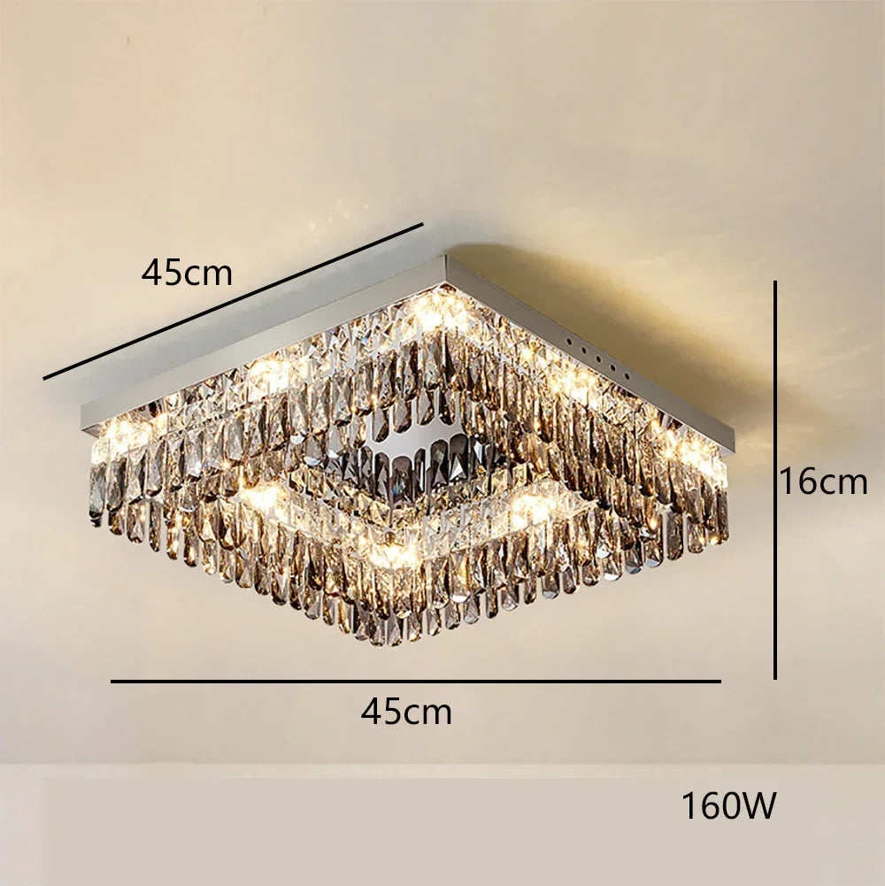 Modern two-tier crystal bedroom chandelier with LED, silver base, lit bulbs, 45x45x16 cm size.