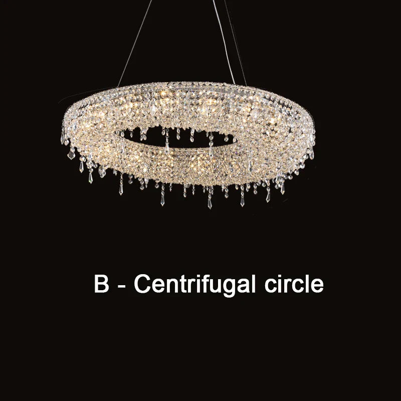 Oval-shaped luxury crystal chandelier with modern LED lights, elegant sparkling design by Maison Ornate.