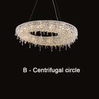 Oval-shaped luxury crystal chandelier with modern LED lights, elegant sparkling design by Maison Ornate.