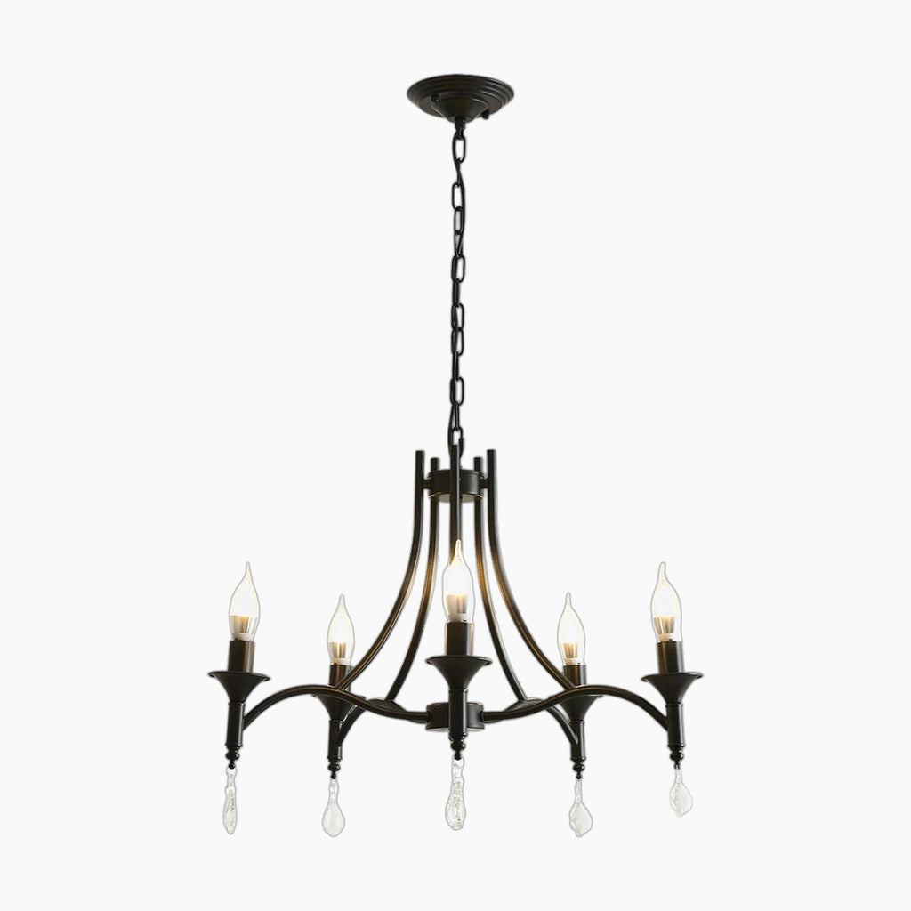Maison Ornate Crystal Chandelier with five E14 bulbs, iron arms, teardrop crystals, and chain suspension.