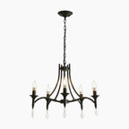 Maison Ornate Crystal Chandelier with five E14 bulbs, iron arms, teardrop crystals, and chain suspension.