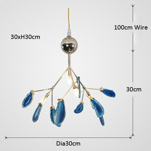 Modern crystal LED chandelier with gold arms, blue agate accents, Art Deco style, 30 cm size.