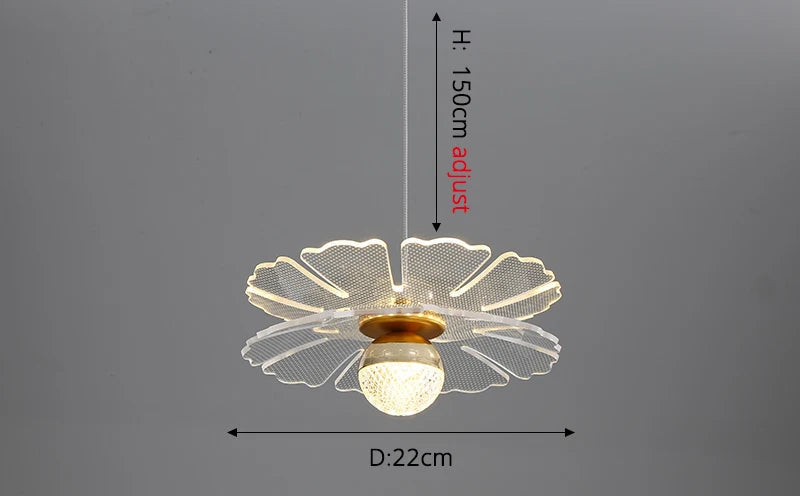 Gold-accented crystal chandelier with flower mesh shade, round bulb, height adjustable to 150 cm.