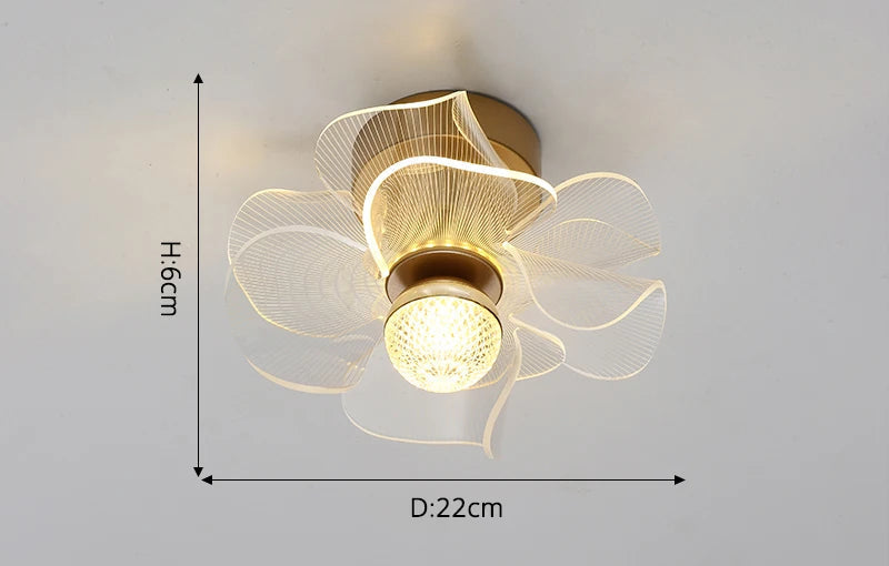 Modern crystal chandelier with gold floral accents, translucent petals, and elegant decorative gold base. 6x22 cm size.