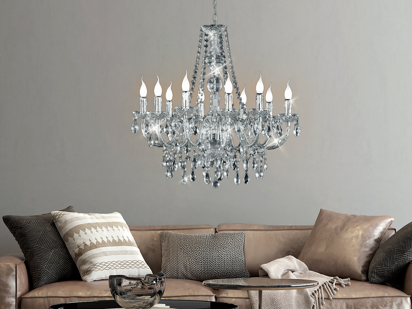 Großer Kerzen Kronleuchter extra lang hängend für hohe Decken - Kristallleuchter