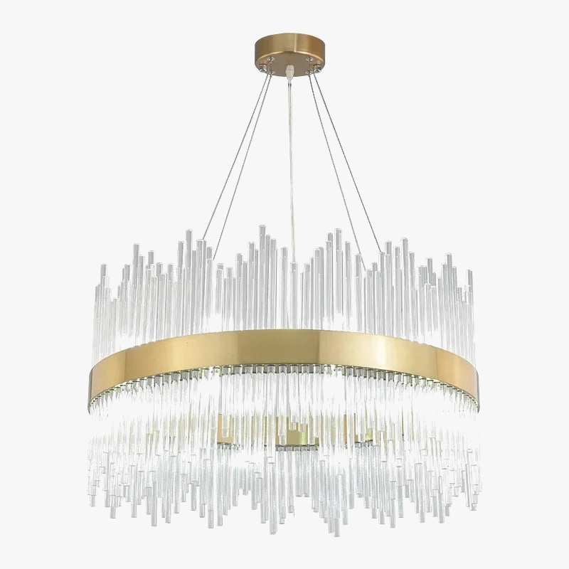 Gold crystal chandelier with circular frame, LED lighting, and cascading glass rods for elegance.