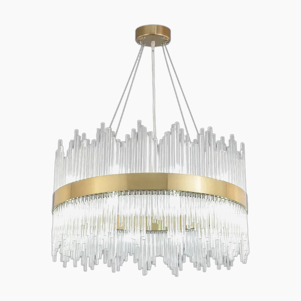 Modern gold crystal chandelier with tassels, circular frame, clear glass rods, and integrated LED lighting.