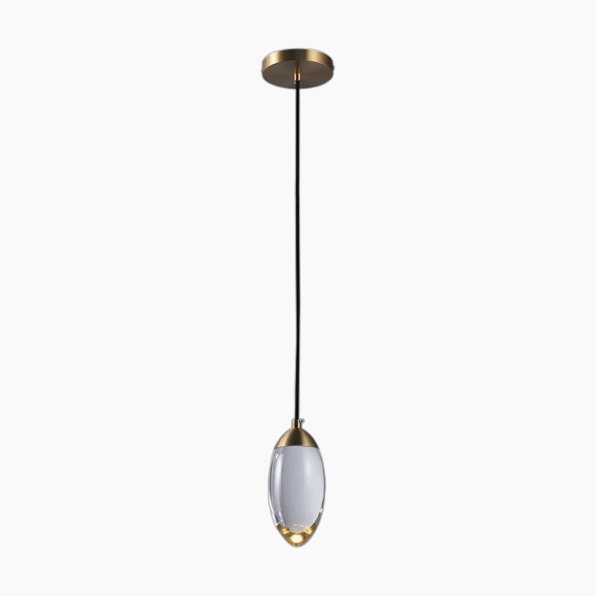 Minimalist copper K9 chandelier with oval glass shade, gold accents, LED lighting, black cord.