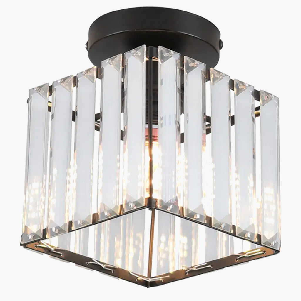 Modern industrial chandelier with square glass fixture, vertical clear crystals, and dark metal base.
