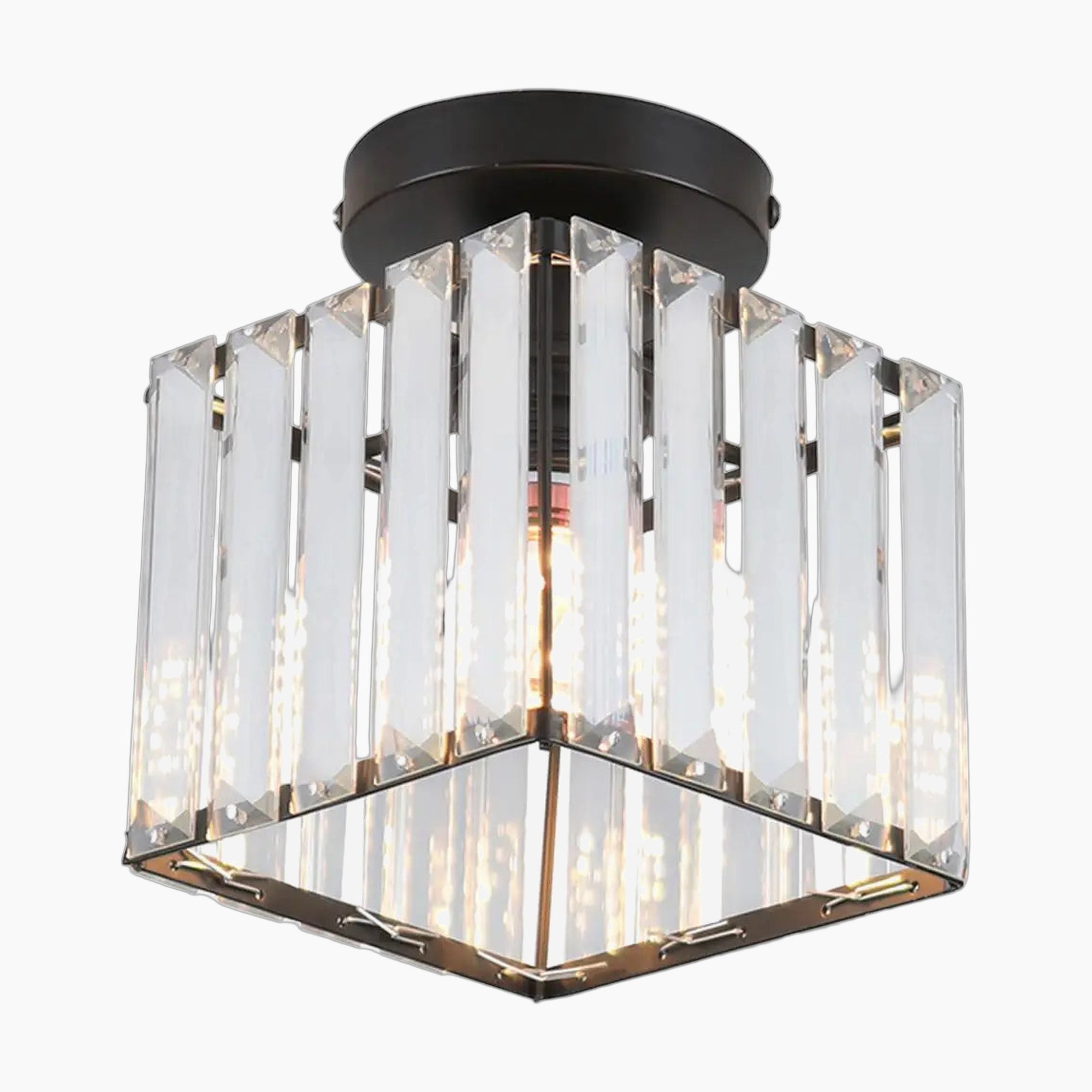 The Crystal Hallway Chandelier has square glass panels, dark metal base, and exposed bulb. Modern industrial look.