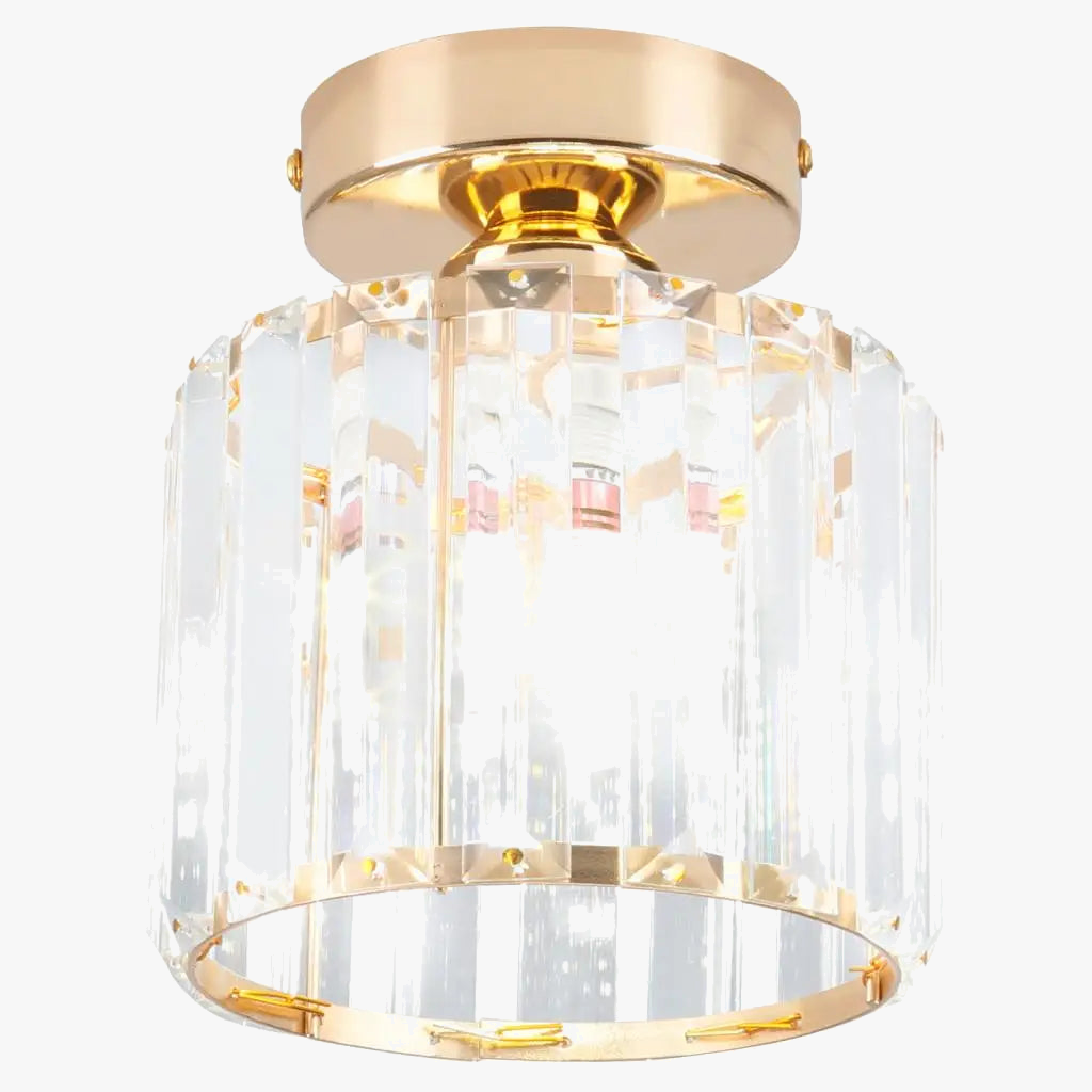 Modern gold-base chandelier with clear crystal panels in a sleek cylindrical design for ceilings.